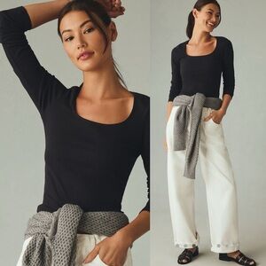 Maeve Anthropologie Black Scoop Neck Long Sleeve Tee Clean Girl Classic Size M